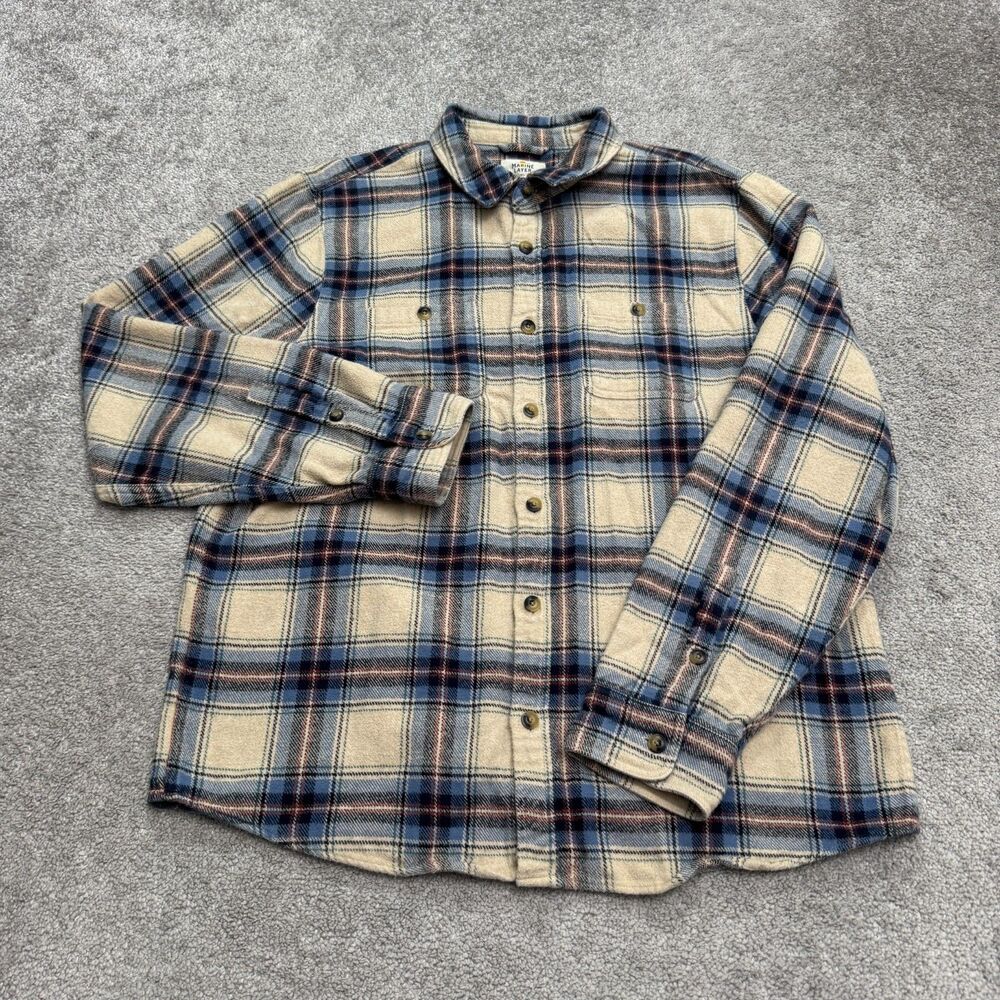 Marine Layer Flannel Shacket Shirt Mens M/L Blue Beige Plaid Long Sleeve Casual